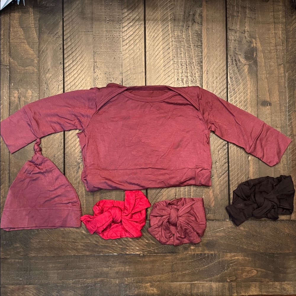 Lila baby gown, hat, and 3 colorful bow headbands.